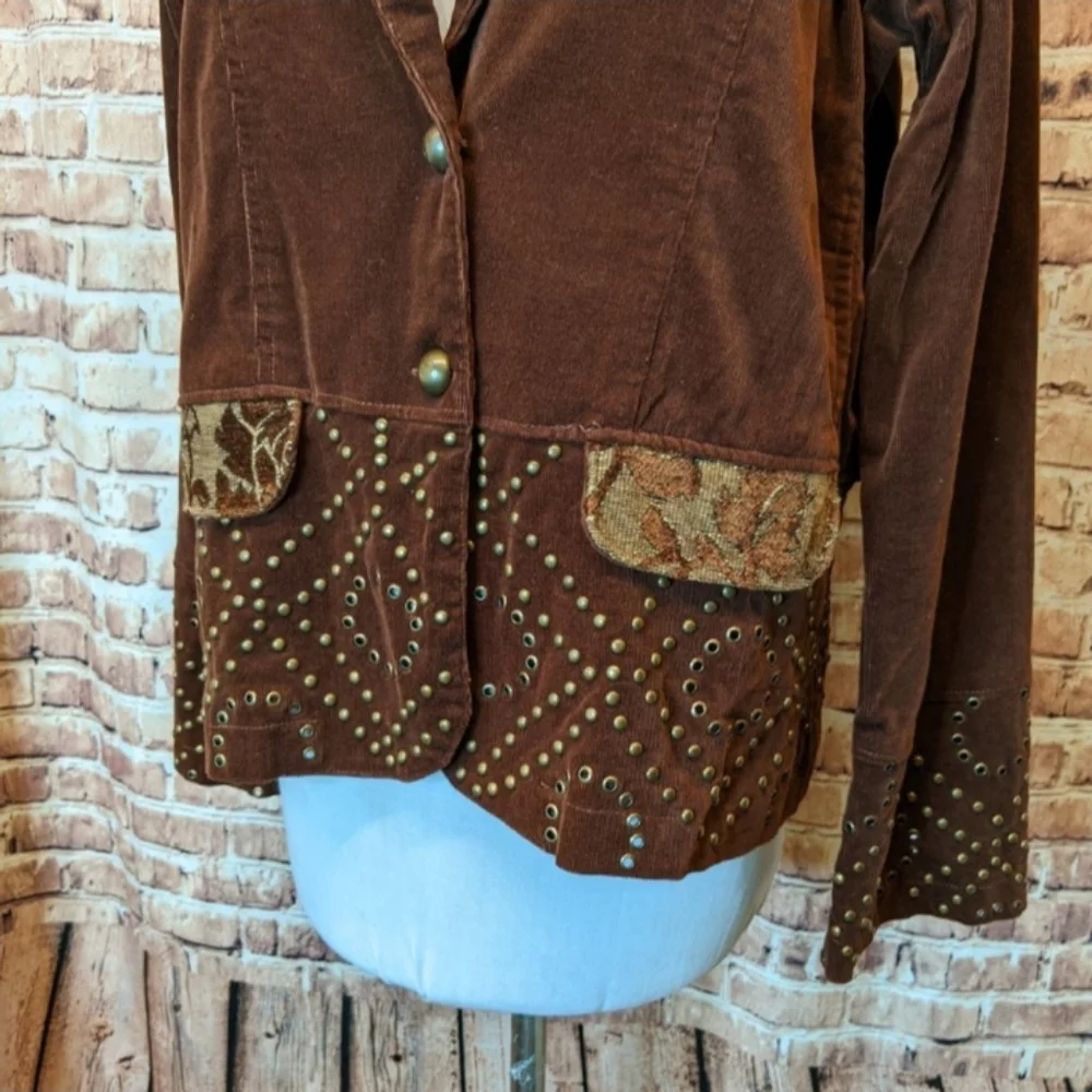 Corduroy Jacket With Grommet Metal Stud Embroidery Lace-up Corsetting Details L - Picture 3 of 6